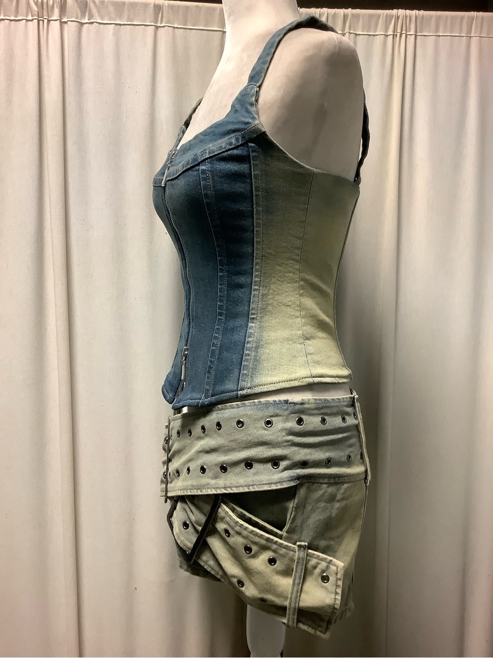Jaded London Denim Wrap Around Belt Micro Mini Skirt BDENIM Zip Front Corset Top - Picture 4 of 14